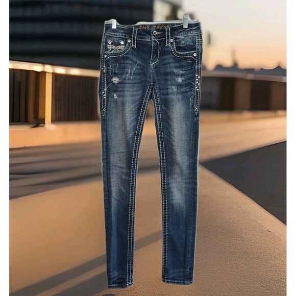 Rock Revival Mid-rise Skinny Iselin women's jeans, sz 25, embellished distressed - Picture 1 of 12